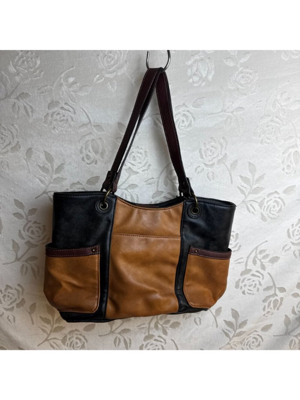 B.O.C. Two-Tone Leather Shoulder Tote Bag Front Zipper Pocket & Dual Handles - Picture 4 of 8